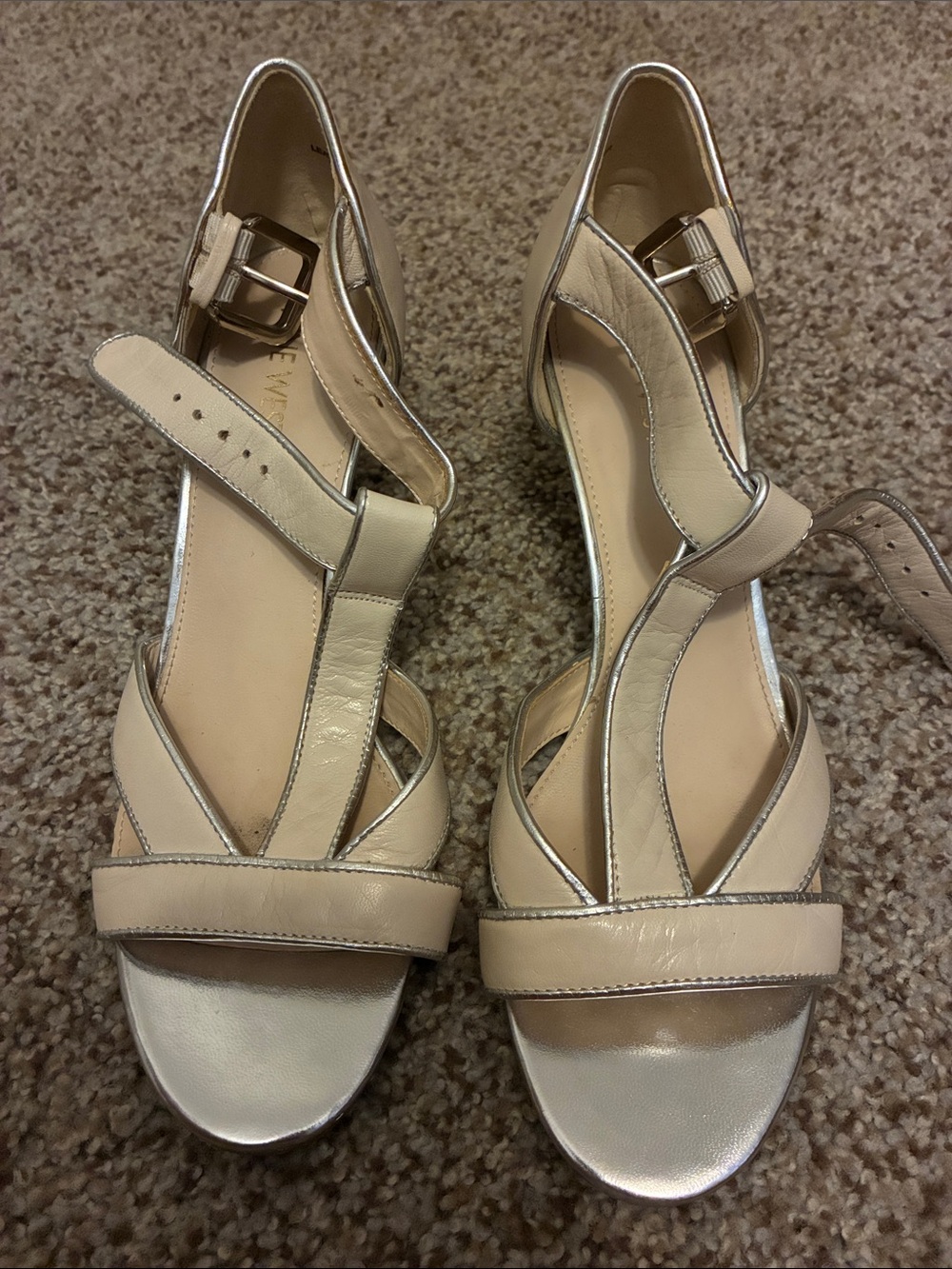 Women's Nude T-Strap Leather Elegant Heels